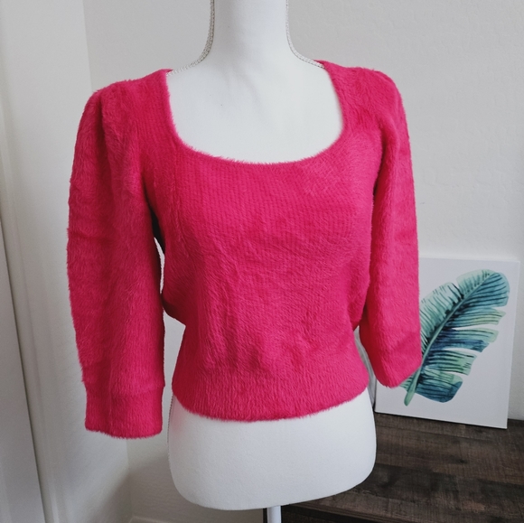 🆕️Free People Moonbeam Cropped Boho-Chic Sweater Raspberry Pop Pink SZ Medium - Picture 5 of 14